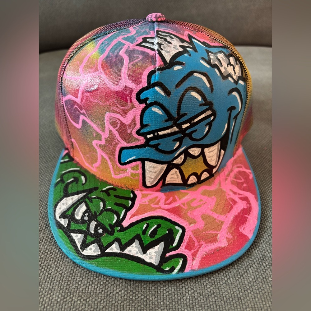 1/1 One of Kind Painted BLU & GRN Flat Brim SnapBack Hat - by Artist FOOLIO